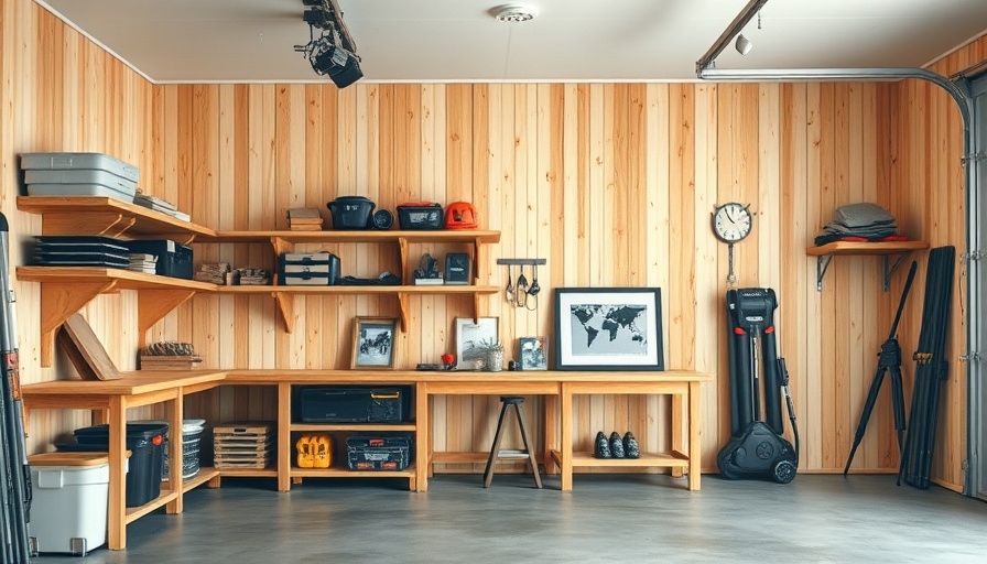 Organized garage with wooden shelves, showcasing self-storage solutions.