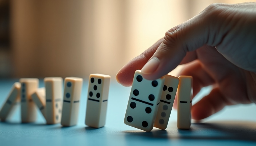 Hand stopping falling dominoes, risk management concept.