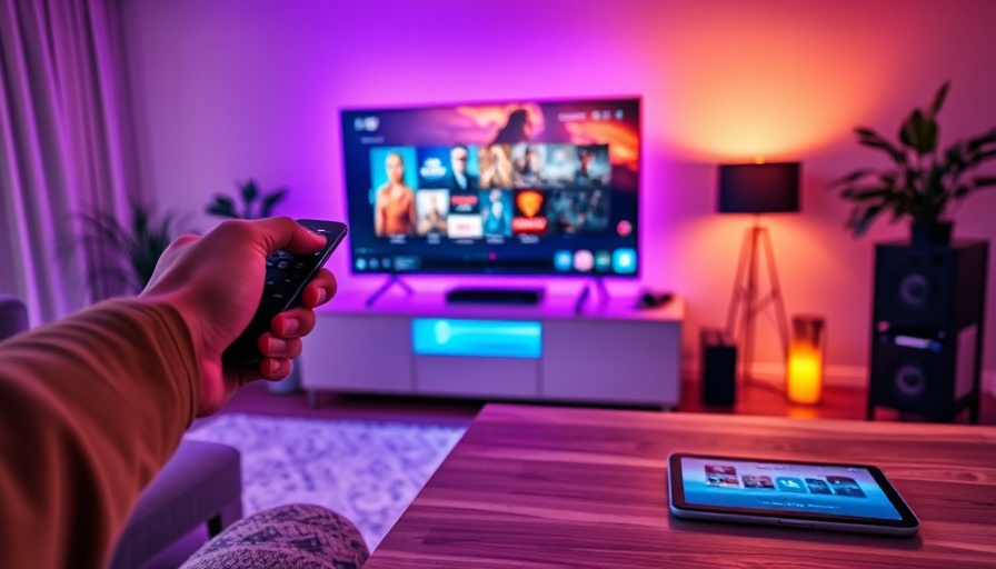Content discovery scene with streaming services on TV and remote control.