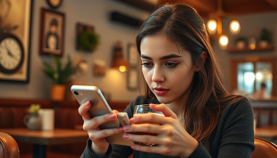 Woman using phone in cafe; foodservice technology concept, warm ambience.