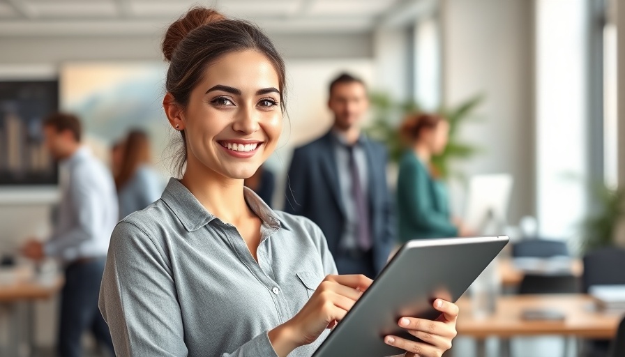Confident young woman smiling in office, showcasing self-confidence.