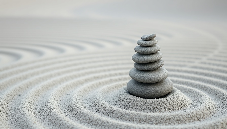 Holistic health image with balanced stones on raked sand.