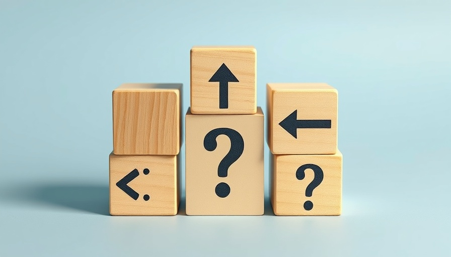 Wooden blocks with arrows and question mark on blue background.