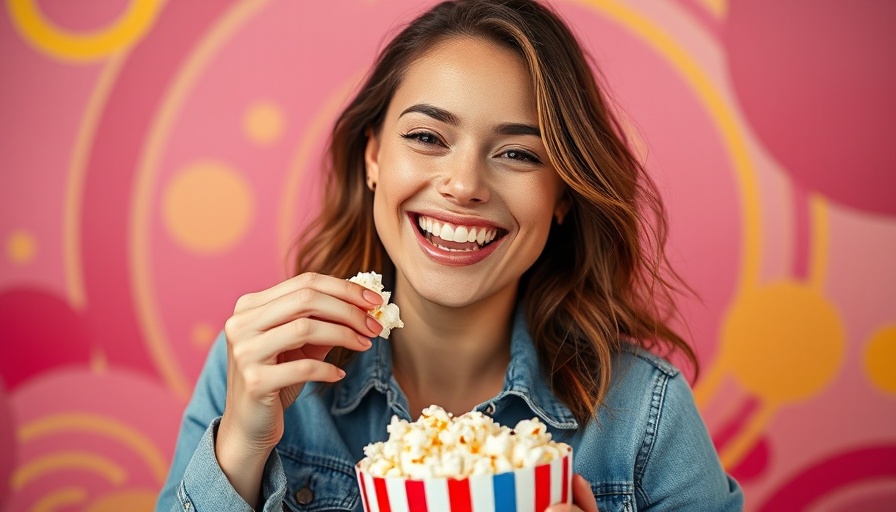 Smiling woman enjoying low-sodium popcorn, colorful background.