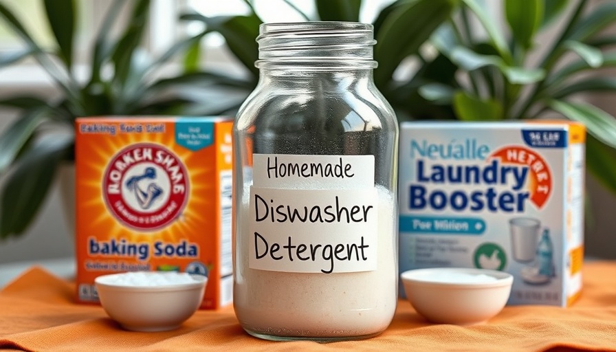 Homemade dishwasher detergent ingredients with baking soda and laundry booster.