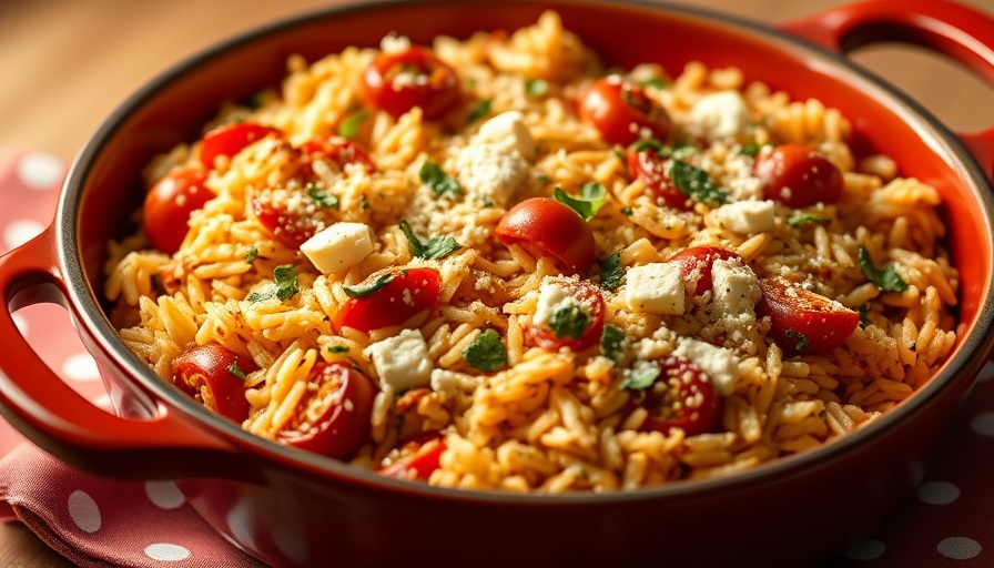 Appetizing baked tomato and feta rice in red casserole dish