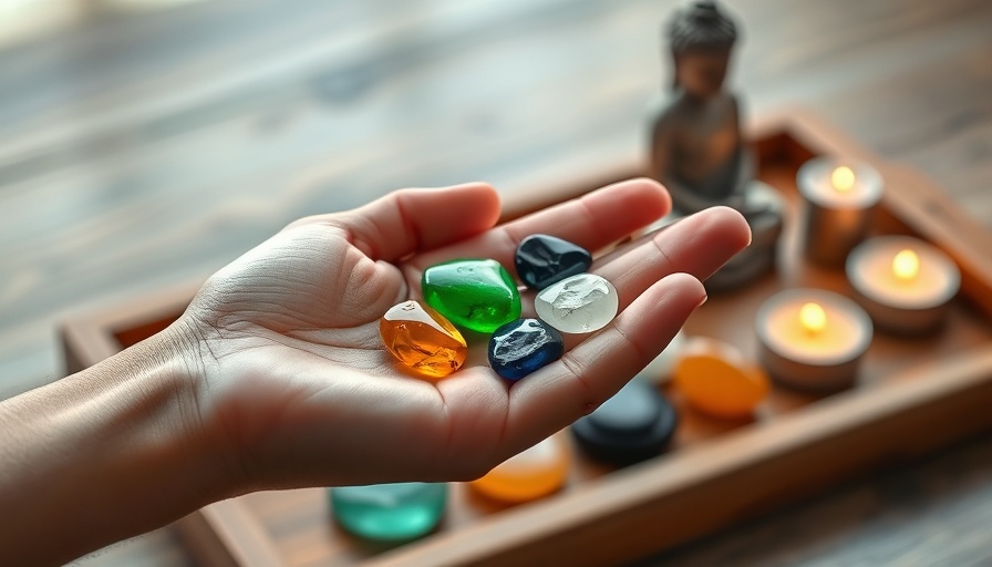 Hand holding chakra stones with candles for Energy Work.