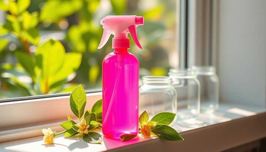 DIY homemade window cleaner in pink spray bottle by sunlit plants.