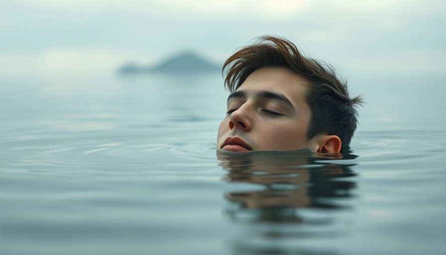 Serene man in cold plunge lake with misty background.