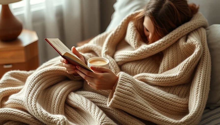 Cozy self-care scene with a book and warm drink in bed.