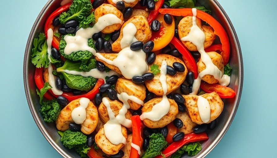 Sheet-Pan Chicken Fajita Bowls with colorful ingredients in a white bowl.