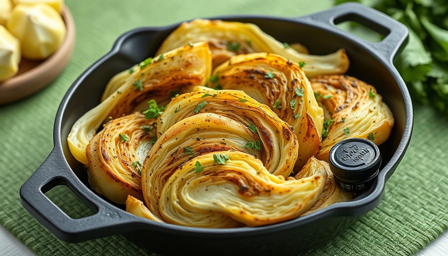 Balsamic-Parmesan melting cabbage in a cast iron skillet on tablecloth.