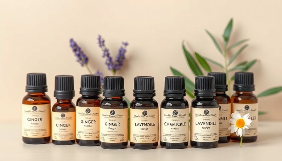 Essential oils for sore muscles featuring ginger, lavender, chamomile.