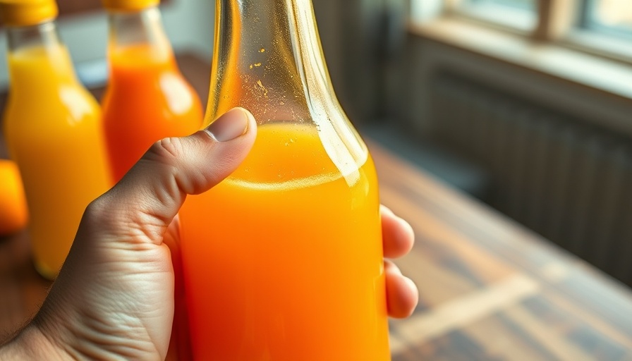 Vivid orange juice cleanse bottle held in hand, soft background. 