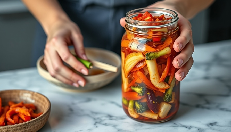 Hands preparing kimchi in a jar for gut health benefits.