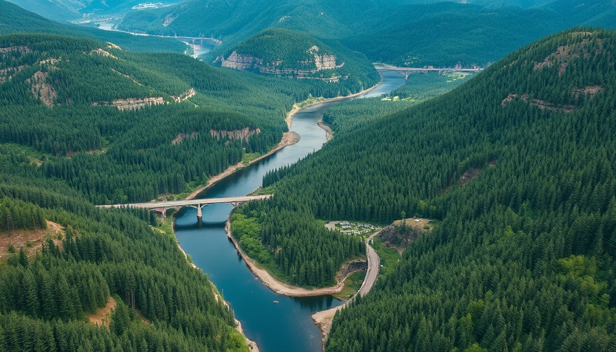 Aerial view of a river with bridges surrounded by lush forest and hills.