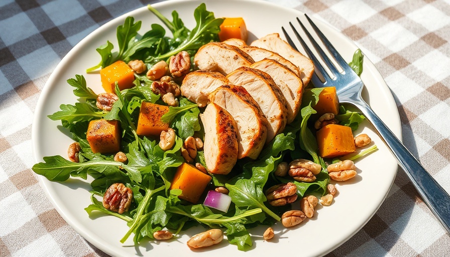 Anti-inflammatory rotisserie chicken salad with arugula and squash.