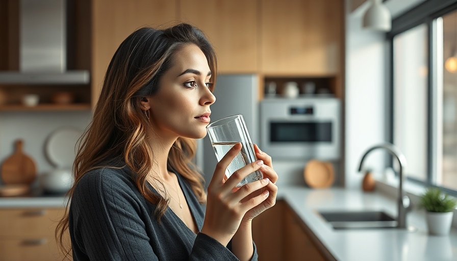 Modern kitchen scene with woman drinking water, highlighting creatine supplement benefits over 40.