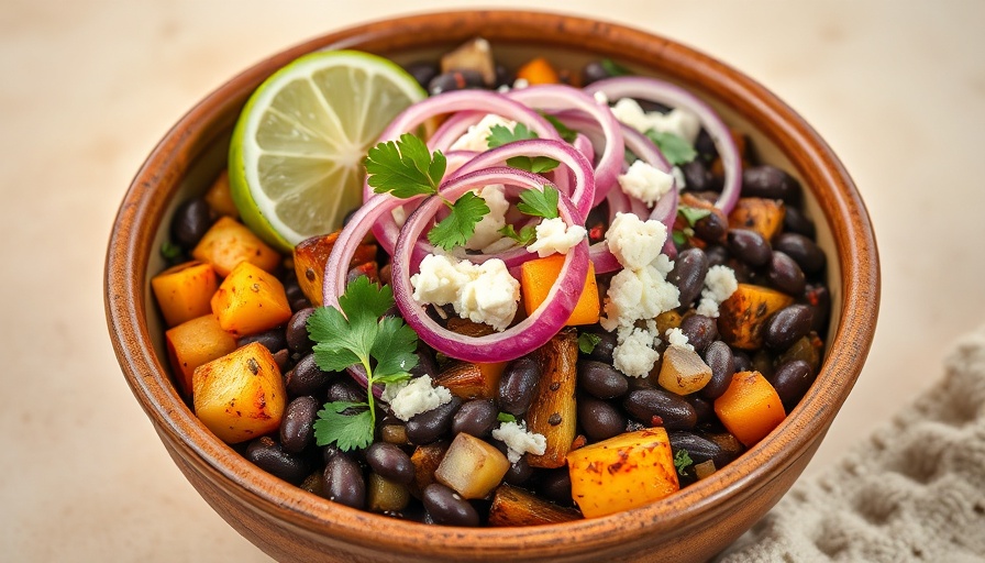 Roasted Veggie & Black Bean Bowls in rustic bowl with lime and fork.