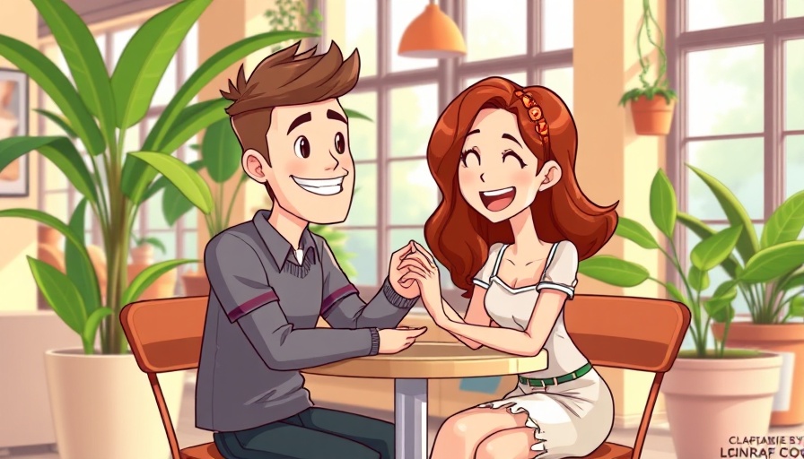 Cartoon couple holding hands at a cafe, strengthening relationship with mindfulness.