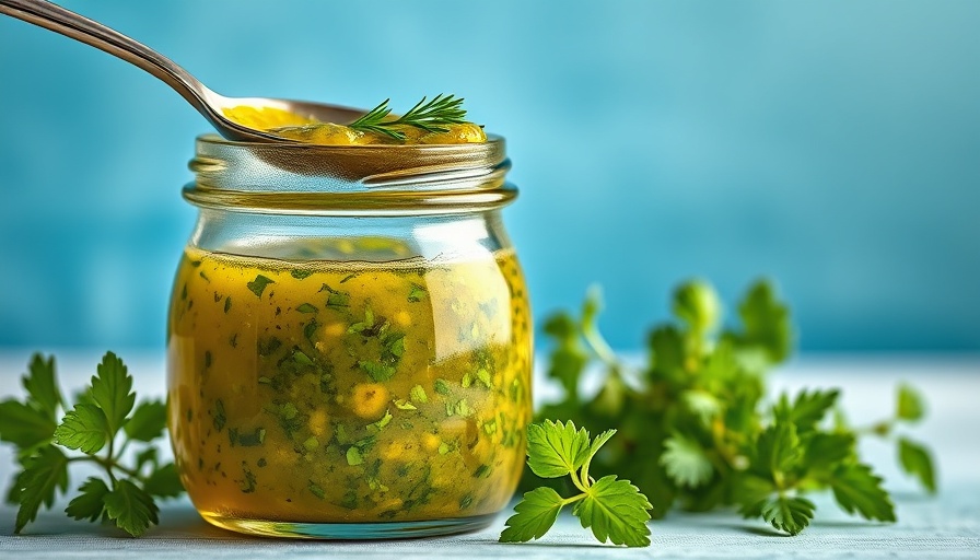 Glass jar with herb vinaigrette and herbs on a spoon.