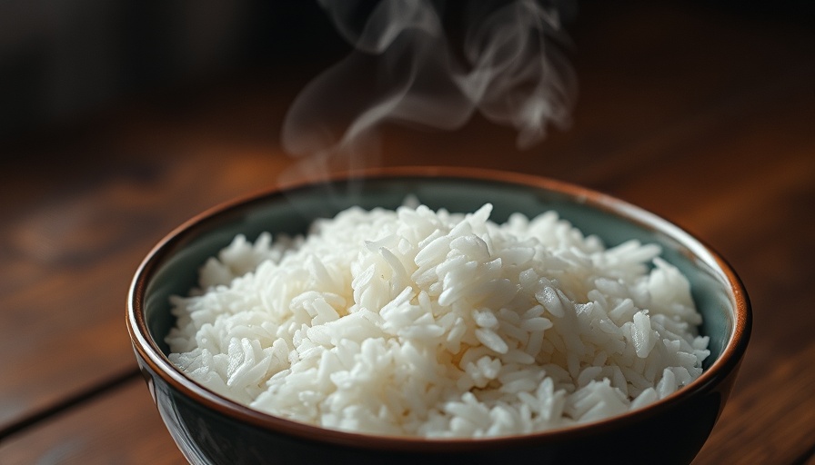 Steaming white rice in ceramic bowl with 'Can You Compost Rice?' text.