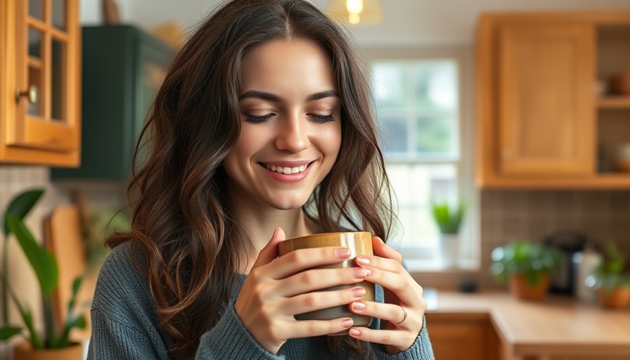 Woman enjoying self-love and self-care in a cozy kitchen.