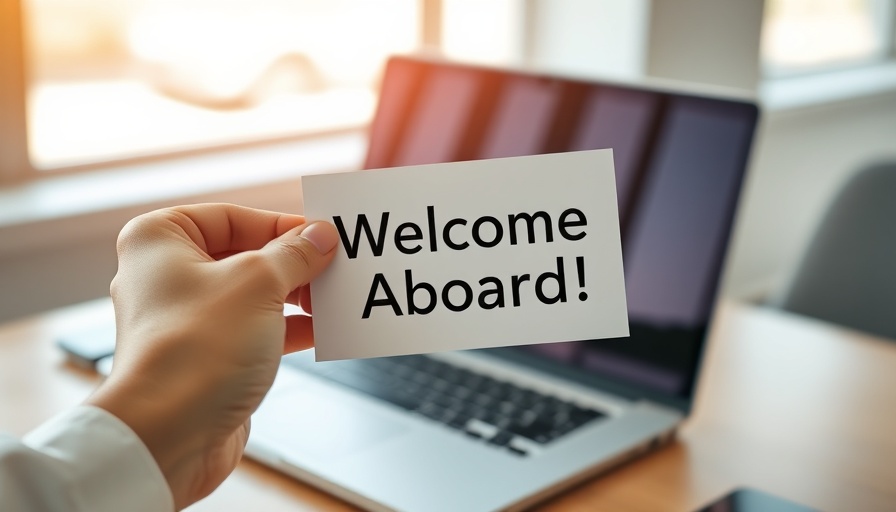 Welcome aboard card over laptop, effective onboarding process.