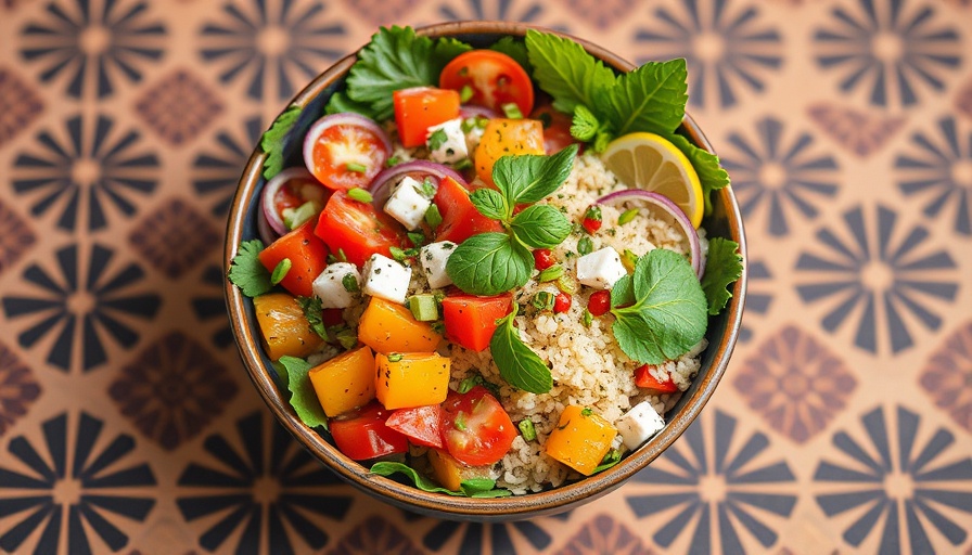 Colorful Mediterranean bowl arranged with vibrant ingredients, long COVID diet focus.