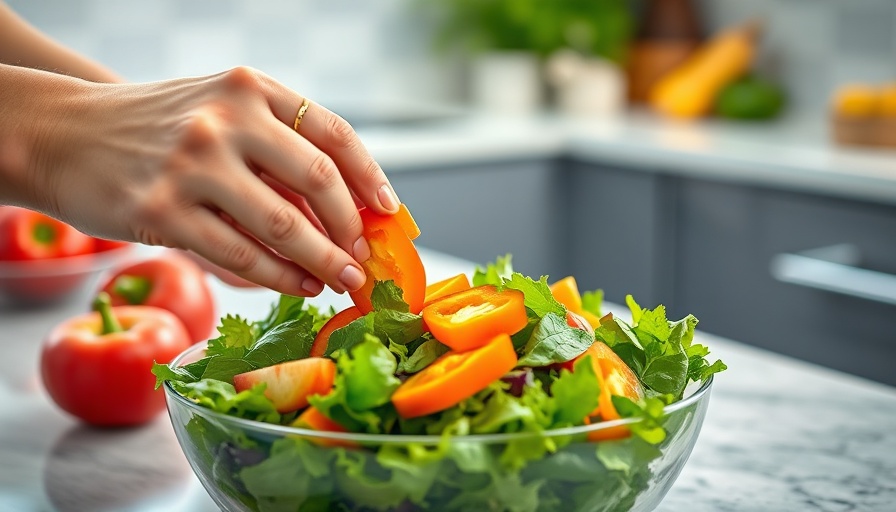 Adding fresh vegetables to a salad in a modern kitchen.