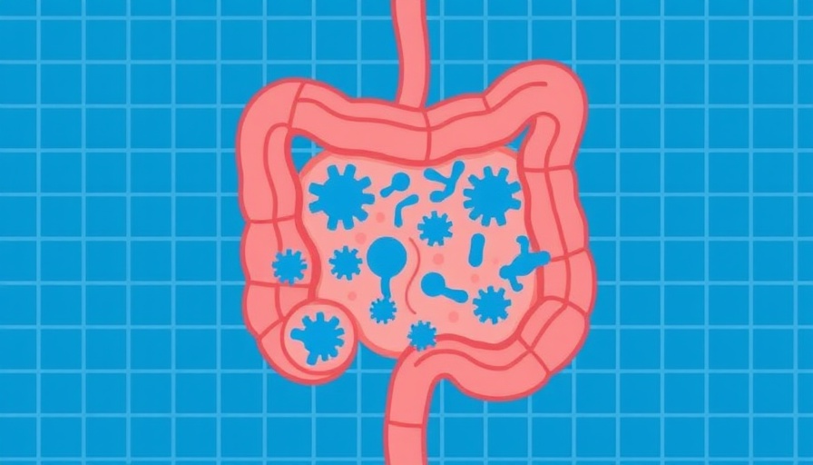 Colorful gut health illustration with microbes on grid background.