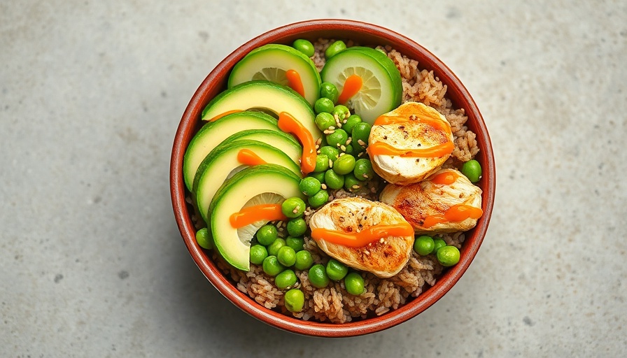 Healthy bowl with brown rice, avocado, and chicken, showcasing Vitamin K sources.