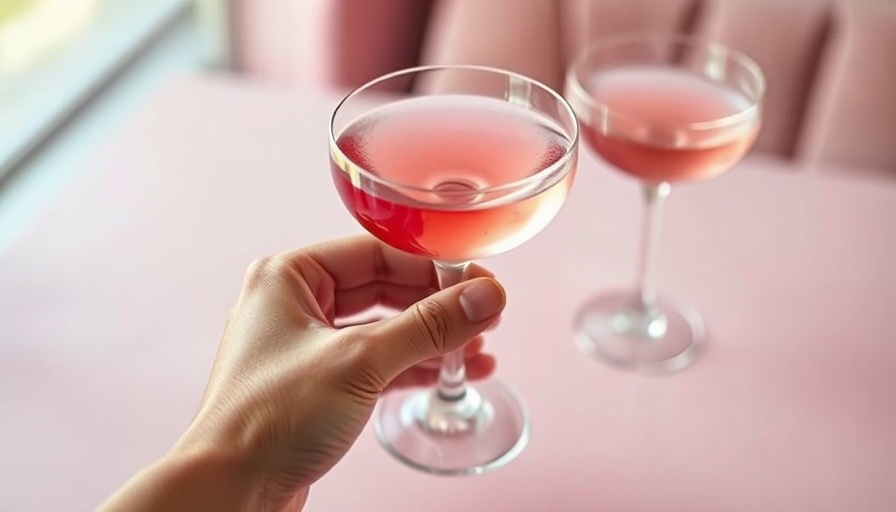 Hand holding pink cocktail in elegant glass, minimalistic setting.