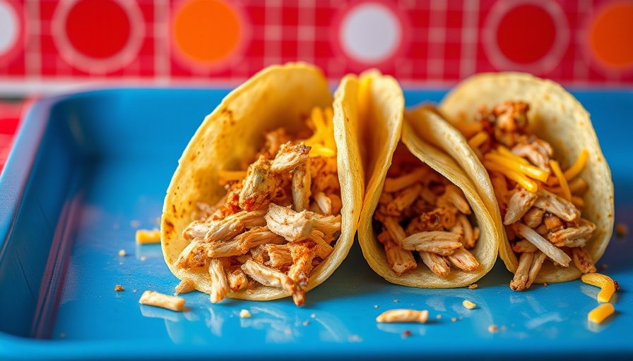 Delicious tacos with rotisserie chicken on a blue tray