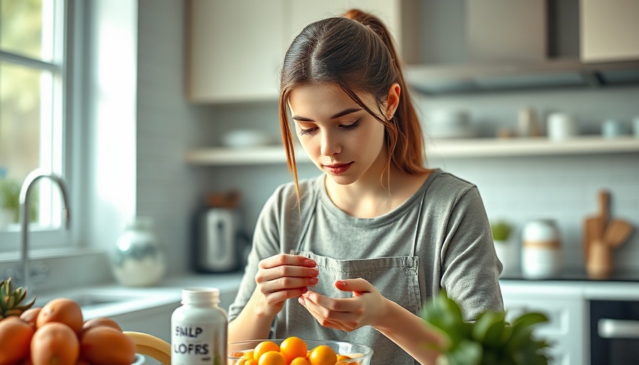 Young woman preparing protein supplement for better gut health in a stylish kitchen.