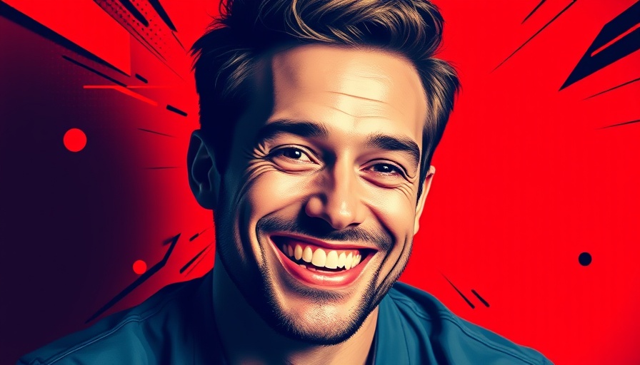 Vibrant pop art portrait of a smiling man in bold colors and graphics.