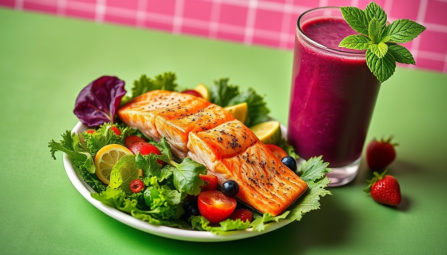 Vibrant salmon salad and berry smoothie in a 7-Day Cognitive Health Meal Plan.