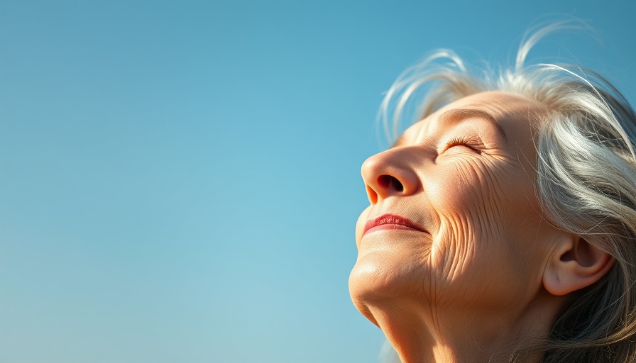 Elderly woman basking in sunlight, peaceful expression, clear sky.