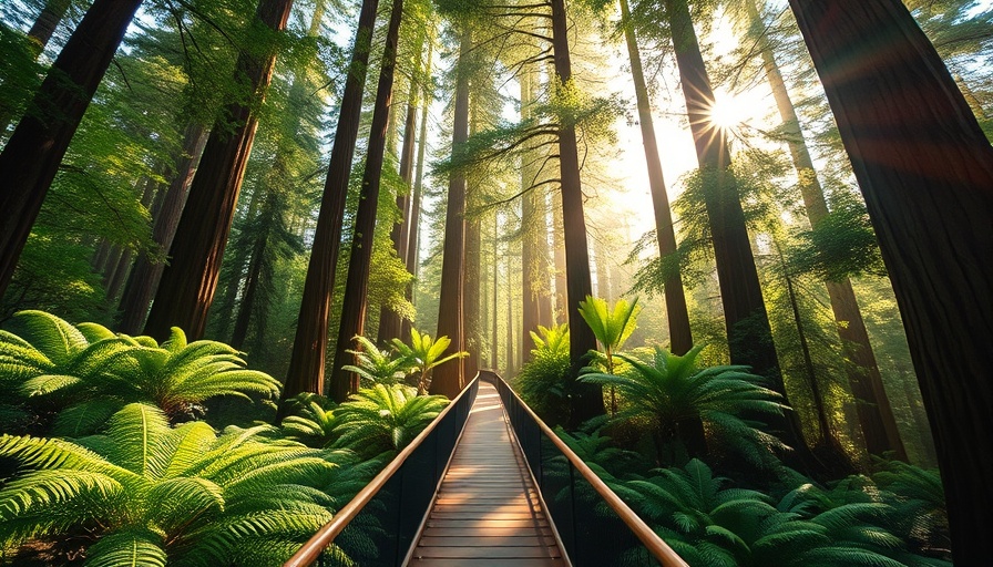 Redwood Sky Walk path in a vibrant forest with sunbeams.