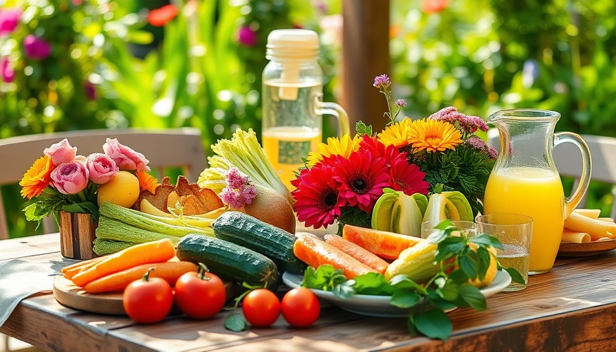 Spring meal outdoors featuring seasonal foods and lemon water.