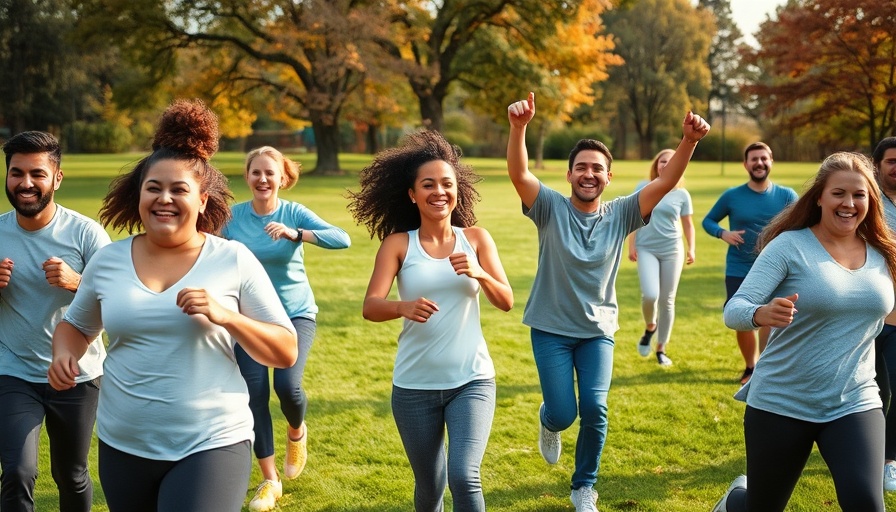 Community-based outdoor movement group exercising in a vibrant park.