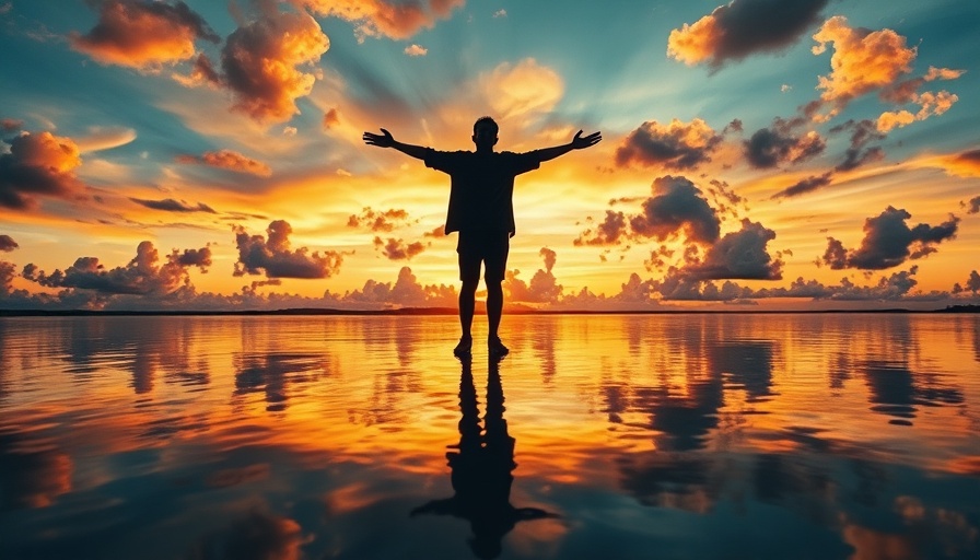 Silhouette at sunset over water reflecting sky, inspirational scene.