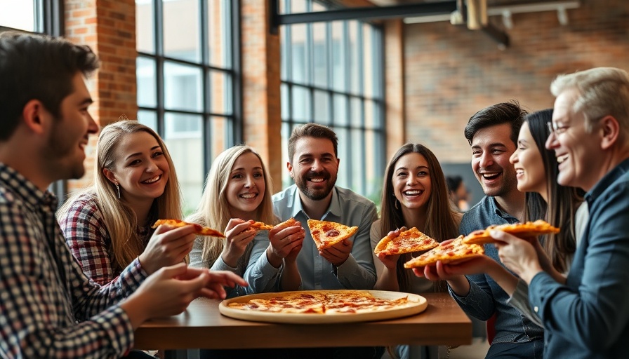 Team enjoying pizza lunch in modern office, bright and welcoming.