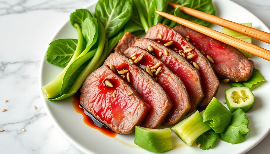 Nutrient-rich beef and bok choy dish on elegant marble.