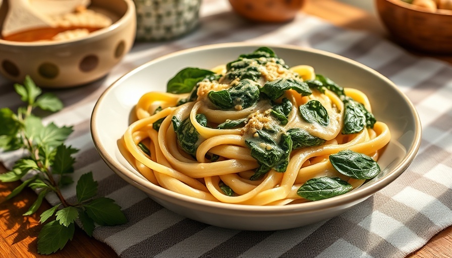 Creamy spinach pasta on decorative plate for Mediterranean Diet Sunday Dinners.