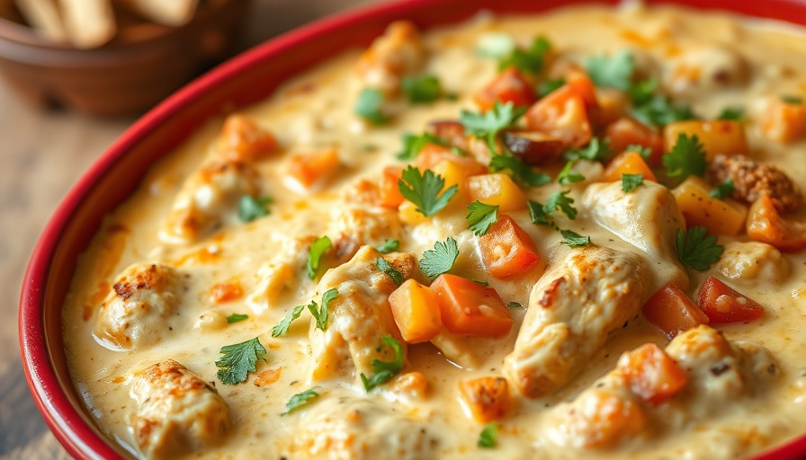 Quick King Ranch Chicken Casserole in a red dish with vegetables.