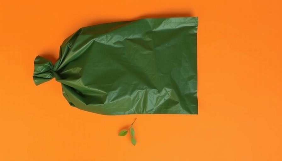 Biodegradable plastic bag on orange background with leaves.