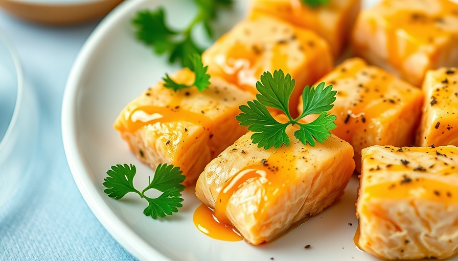 Delicious honey-mustard salmon bites on a white plate garnished with parsley.