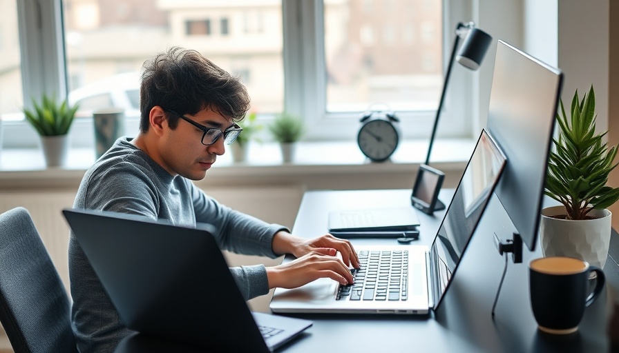 Person managing digital stress with email, modern home office.