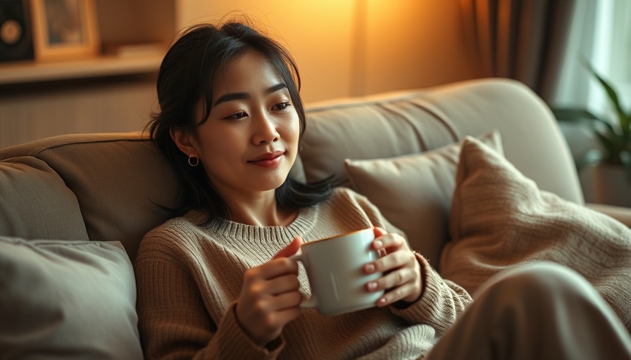 Relaxed woman enjoying a drink on a cozy couch.